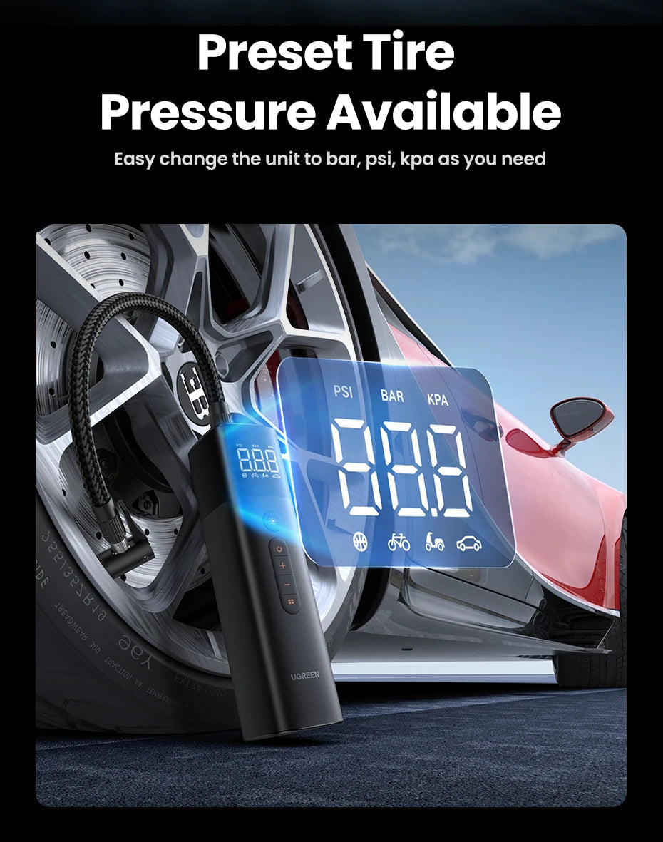 UGREEN Car Air Pump Portable Air Compressor for Car Motorcycles Bicycle Electric Tire Inflator with LCD Digital Display