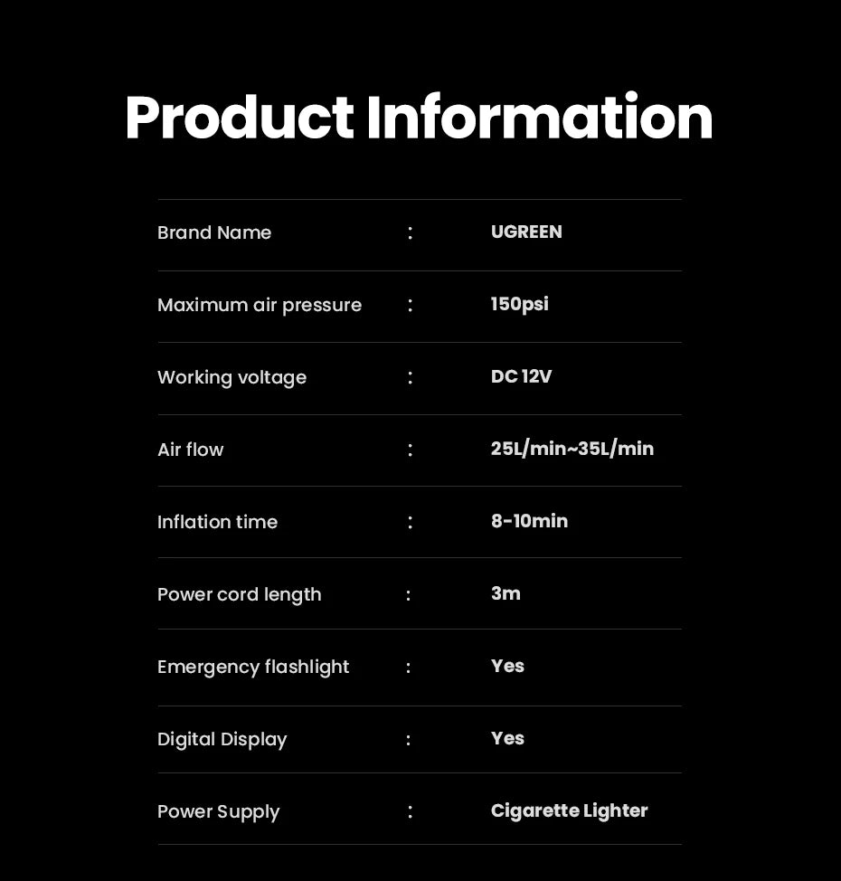 UGREEN Car Air Pump Portable Air Compressor for Car Motorcycles Bicycle Electric Tire Inflator with LCD Digital Display