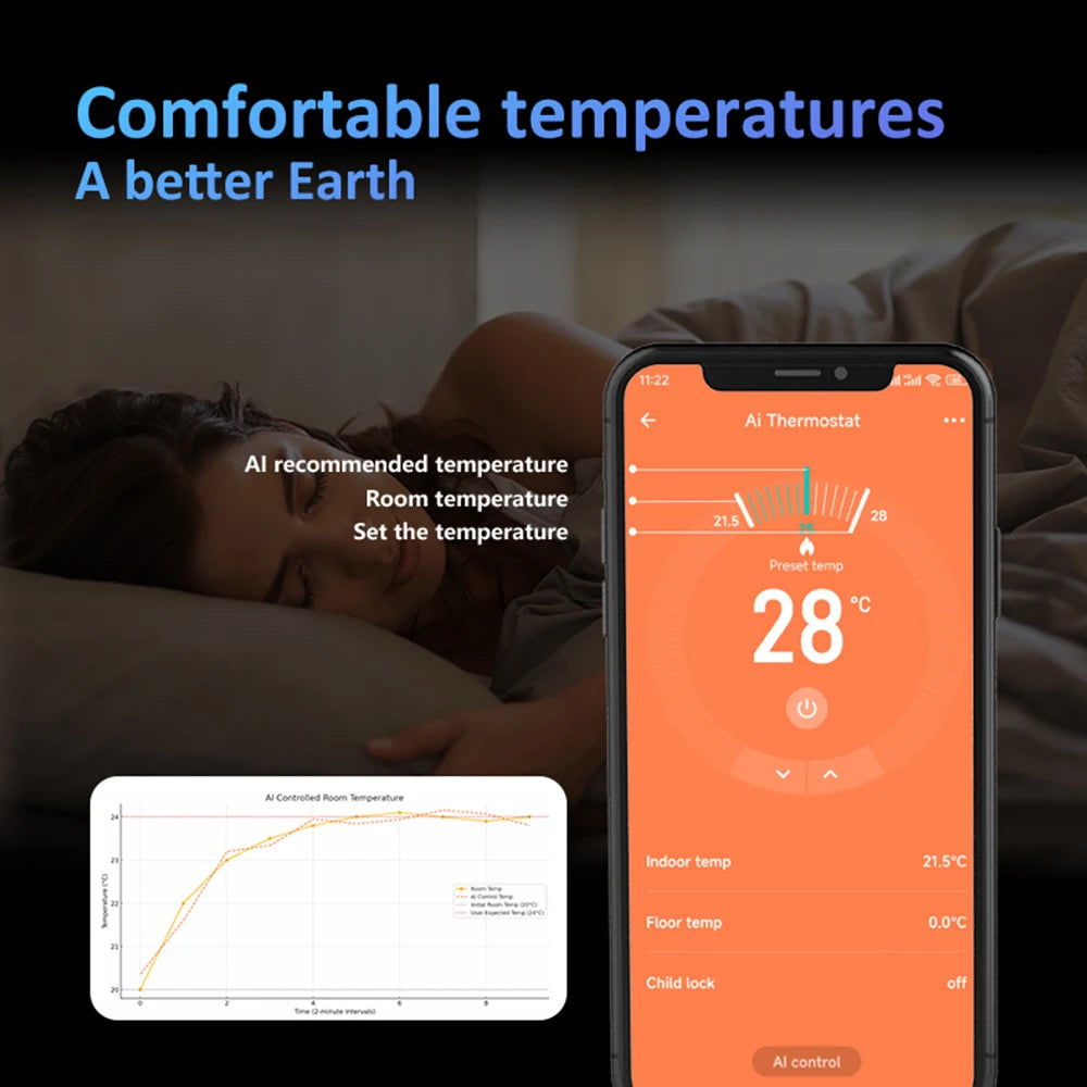 Smart Thermostat for House Electric Floor Heating WiFi AC thermostat with AI Smart Learning APP Control LED Digital Touch Screen