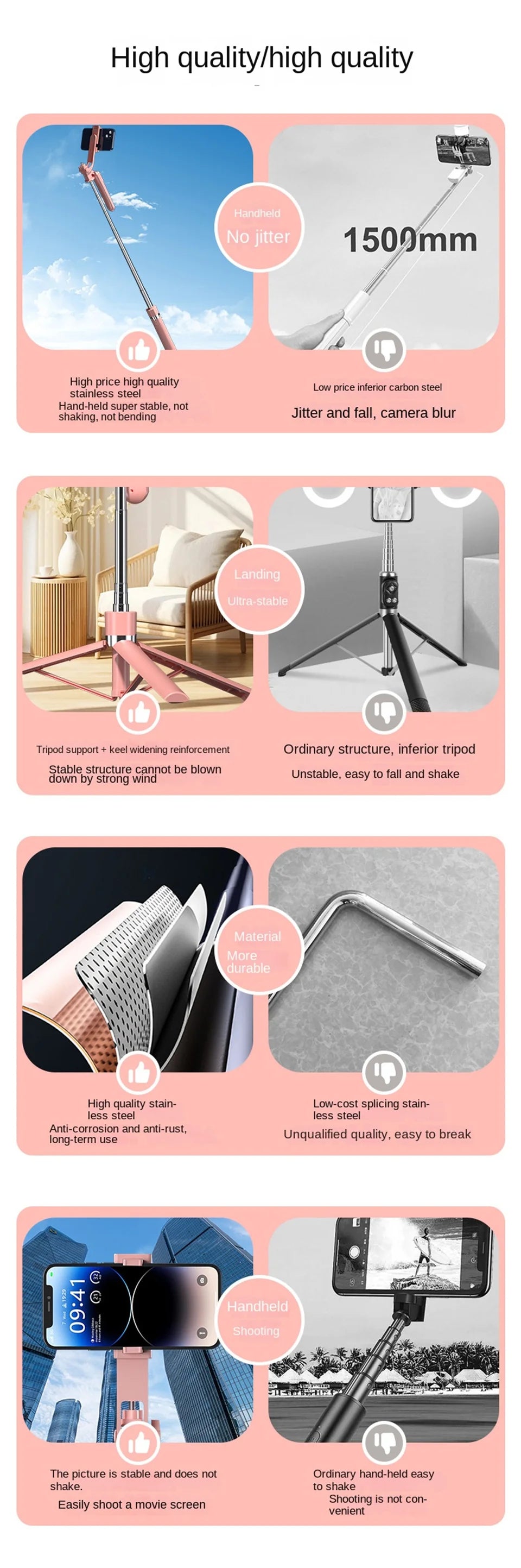 MEUYAG 170cm 360° rotation Selfie Stick with Wireless Bluetooth Extended Tripod with Remote Shutter for Android ios smartphone