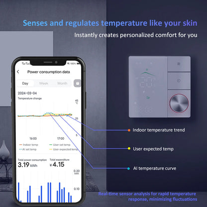 Smart Thermostat for House Electric Floor Heating WiFi AC thermostat with AI Smart Learning APP Control LED Digital Touch Screen