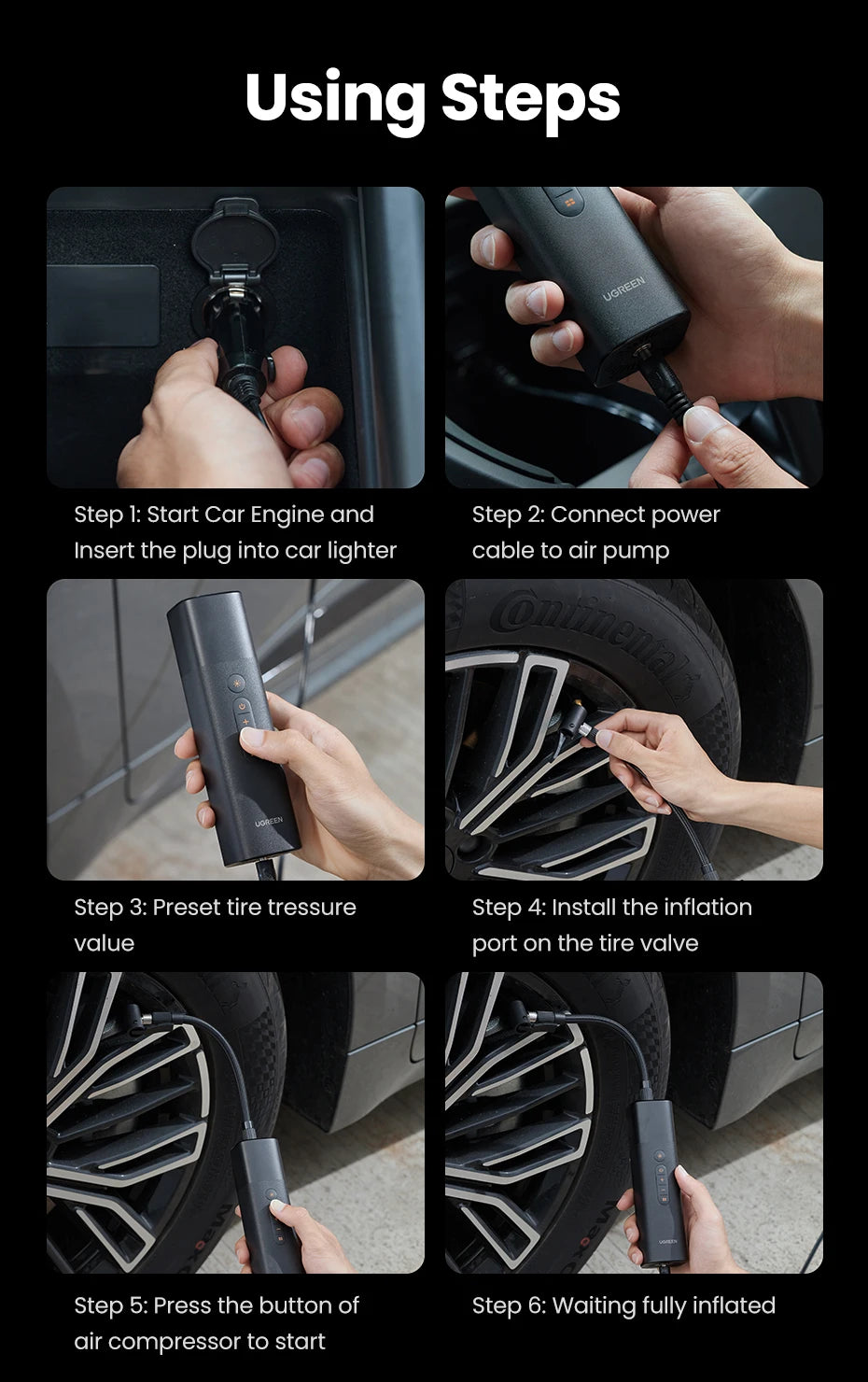 UGREEN Car Air Pump Portable Air Compressor for Car Motorcycles Bicycle Electric Tire Inflator with LCD Digital Display