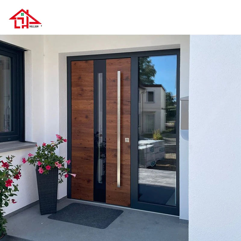 Modern Aluminum Front Door with Frosted Glass, High-Security Exterior Entry Door, Custom Design for Residential Villa