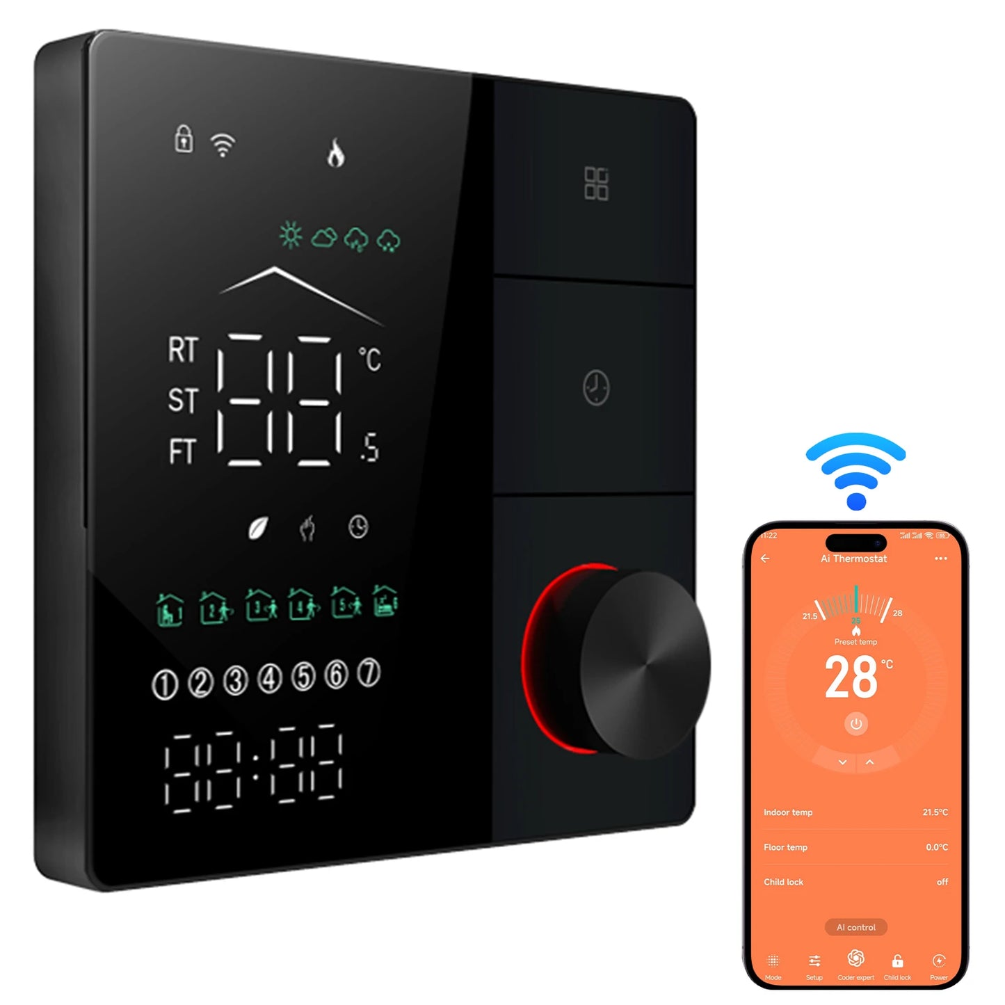 Smart Thermostat for House Electric Floor Heating WiFi AC thermostat with AI Smart Learning APP Control LED Digital Touch Screen