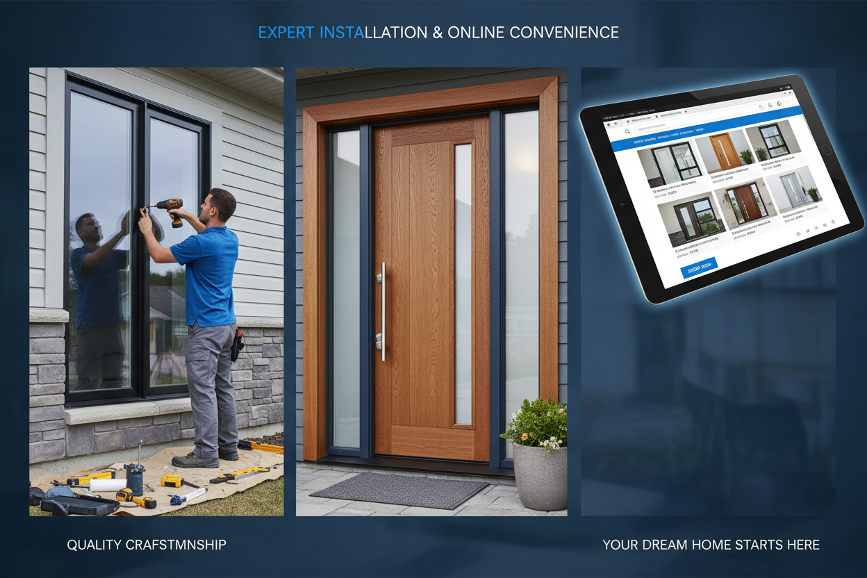 Crear una diapositiva con fotos servicio de instalación de puertas y ventanas y exterior que además tiene una tienda de productos online